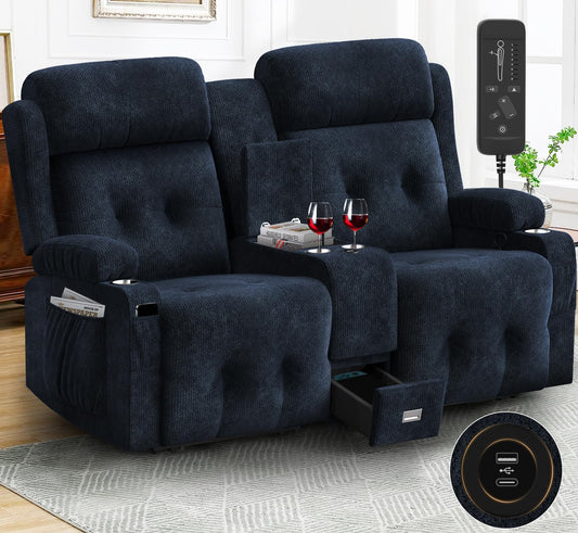 Loberfve Recliner Loveseat, Massage Loveseat Recliner Sofa, Manual Recliners with Console, USB, Type C Port, Storage, Cup Holders, Fluffy Fabric Blue