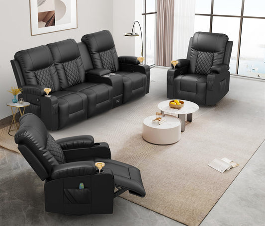 LOBERFVE Recliner Sofa Set, 3 Seat Reclining Sofa, and 2PC 360° Swivel Recliner Chair with Heat and Massage for Aldult (3+1+1), Living Room Furniture