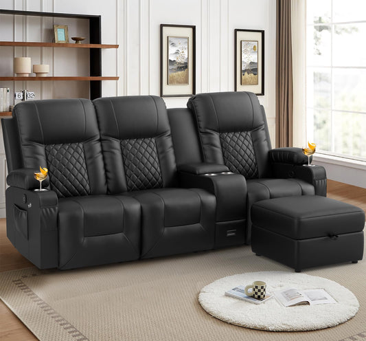 LOBERFVE Recliner Sofa with Storage Ottoman, 3 Seats Recliner, Recliner Couch, Modern Recliner Chair for Living Room, with Cup Holder and 2 Cell Phone Holder, USB Ports