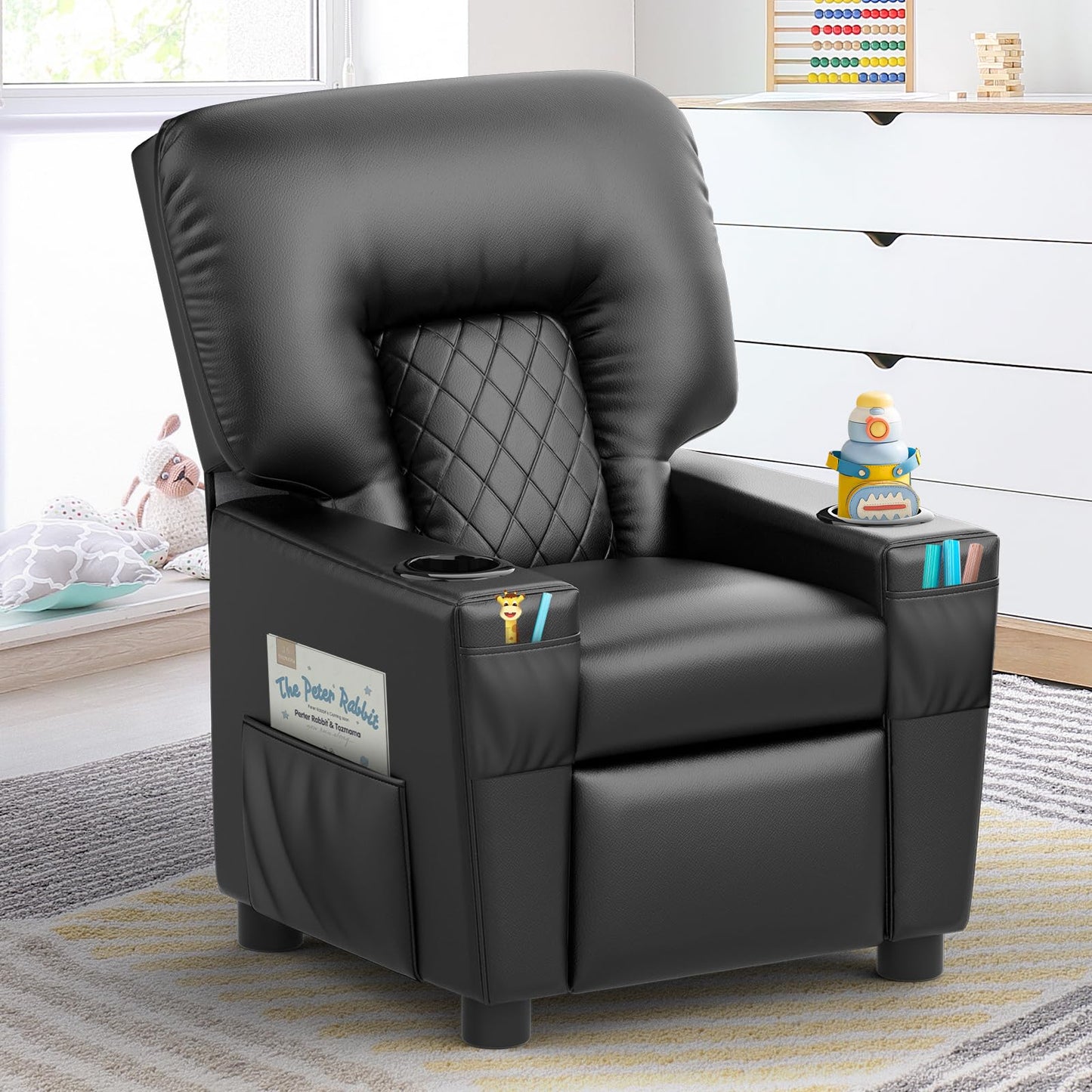 Loberfve Kids Recliner Chair, Leather Push Back Child Recliner Chair with Cup Holders, Side Pockets, Safety Adjustable Footrest Toddler Recliner for Ages 3+, for Girls and Boys, Black