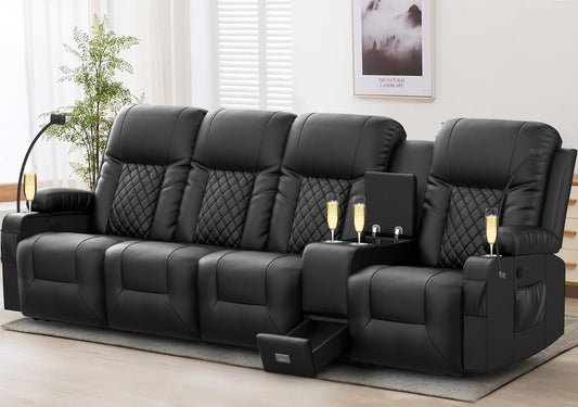 LOBERFVE 4 Seat Recliner, Large Reclining Sofa with Storage Console, Manual Reclining Chair with USB Ports, 2 Cell Phone Holder, for Living Room