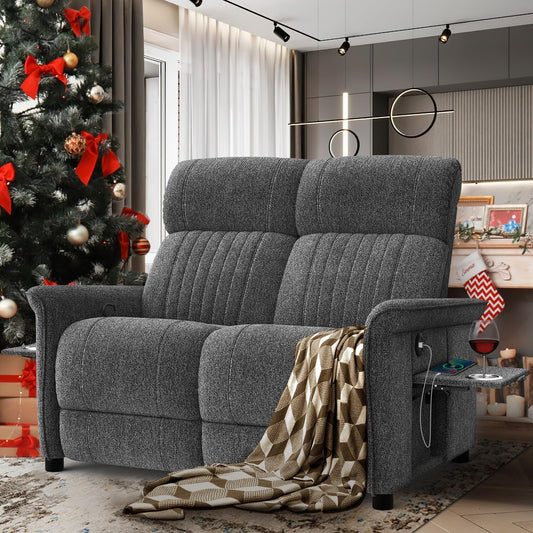 LOBERFVE Recliner Sofa, RV Reclining Loveseat with 2 Folding Side Table, Manual Modern Loveseat Recliner Sofa with USB Ports, Recline Chair with Cup Holders, Gray