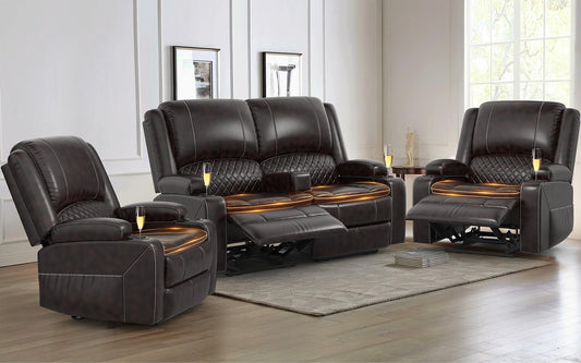 LOBERFVE Recliner Sofa Set with 2-Tier Cushion, 2+1+1 Pieces in Living Room, 2 Seater Reclining Loveseat Leather with Removable Console, 2 Oversize Recliner Chair Sofa Seat, Brown