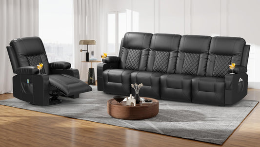 LOBERFVE Recliner Sofa Set with 4+1 Pieces in Living Room, 4 Seater Reclining Sofa, 1 Recliner Chair with 360 Degree Swivel Massage Single Seat