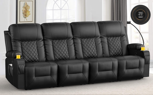 LOBERFVE Recliner Sofa, 4 Seats Recliner, Recliner Couch, Modern Recliner Chair for Living Room, with Cup Holder and 2 Cell Phone Holder, USB Ports