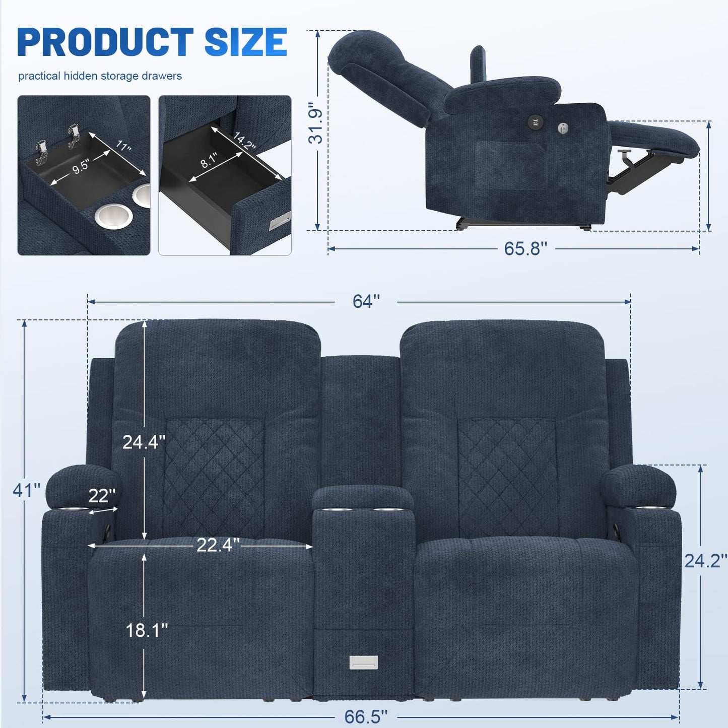 LOBERFVE Fabric Loveseat Recliner, Recliner Chair with Stainless Steel Cup Holder, USB Ports, Recliner Lounge with Storage Space, Mobile Phone Holder, Couch for Living Room, Navy Blue