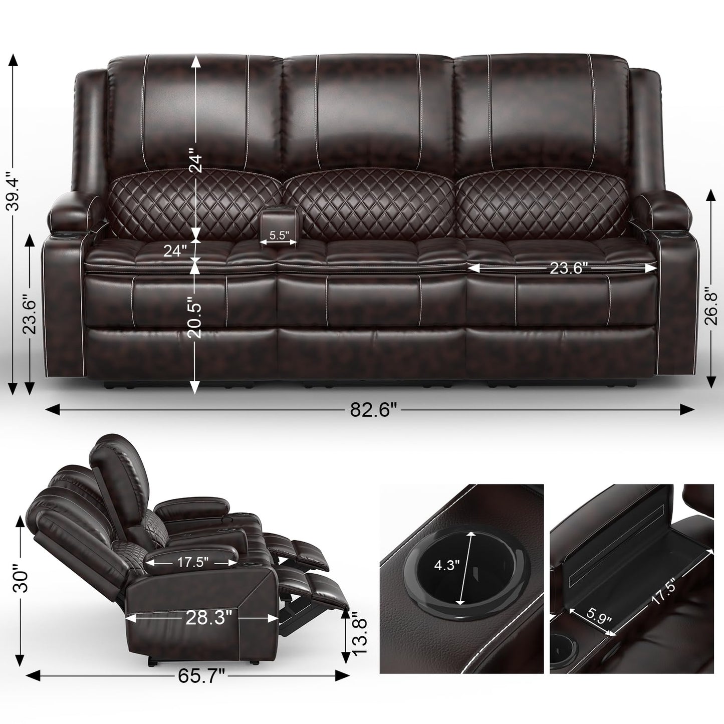 LOBERFVE 3 Seater Recliner Sofa, Manual Reclining Chair with 2-tier Cushion, Recliners for Living Room with Removable Console, Hidden Storage Space, Cup Holders - Brown