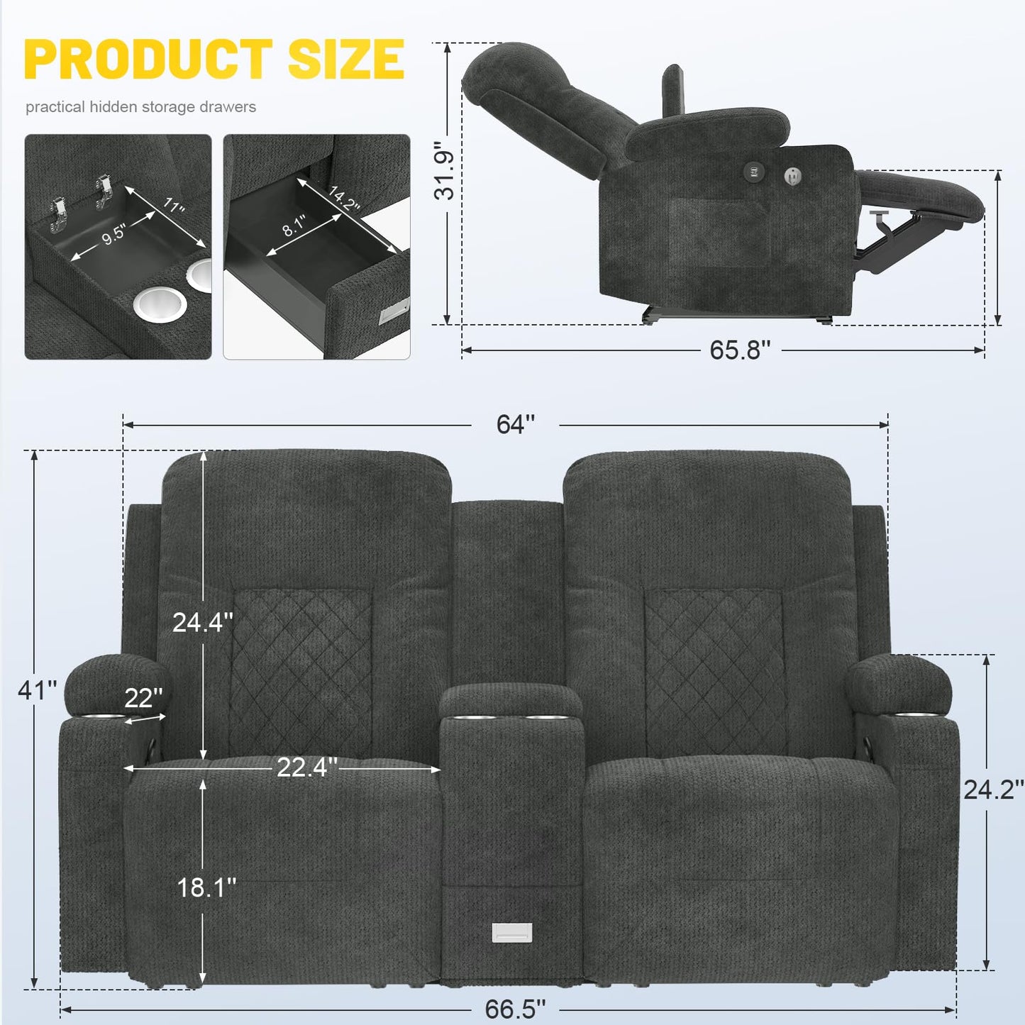 LOBERFVE Fabric Loveseat Recliner, Recliner Chair with Stainless Steel Cup Holder, USB Ports, Recliner Lounge with Storage Space, Mobile Phone Holder, Couch for Living Room, Navy Blue