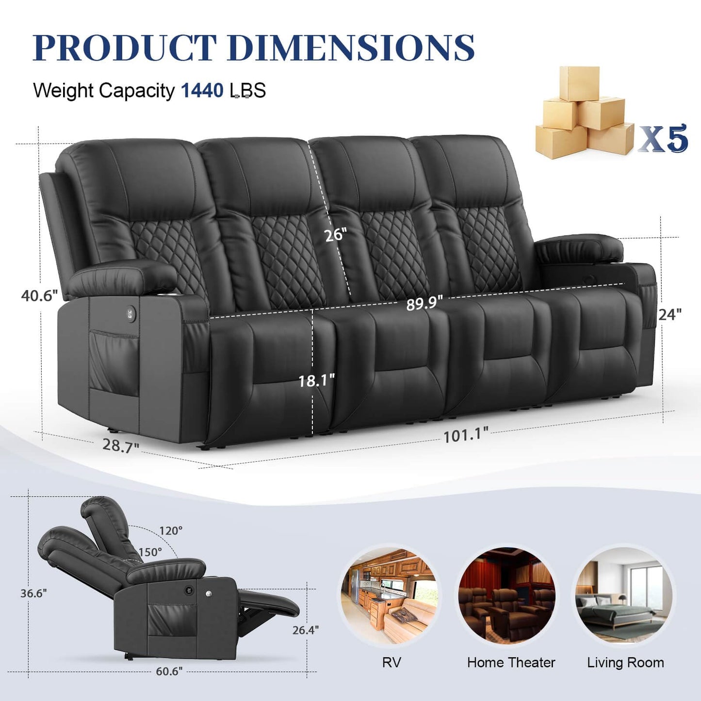 LOBERFVE Recliner Sofa Set with 4+1 Pieces in Living Room, 4 Seater Reclining Sofa, 1 Recliner Chair with 360 Degree Swivel Massage Single Seat