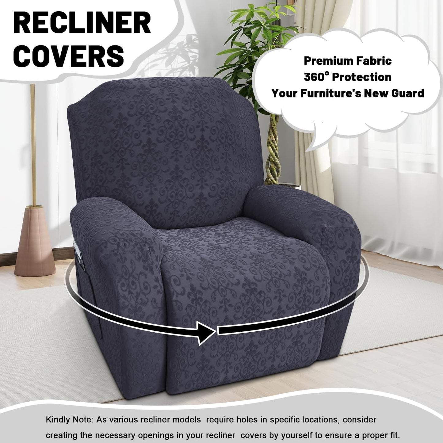LOBERFVE Recliner Cover, Split Design Stretch Sofa Slipcover 1 Seater Couch Protector Soft Furniture Covers with Elastic Chair Covers Jacquard Pattern, Gray
