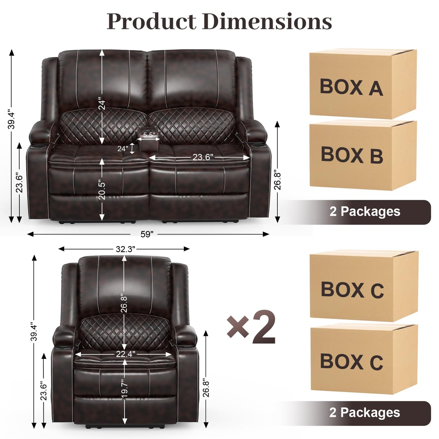 LOBERFVE Recliner Sofa Set with 2-Tier Cushion, 2+1+1 Pieces in Living Room, 2 Seater Reclining Loveseat Leather with Removable Console, 2 Oversize Recliner Chair Sofa Seat, Brown