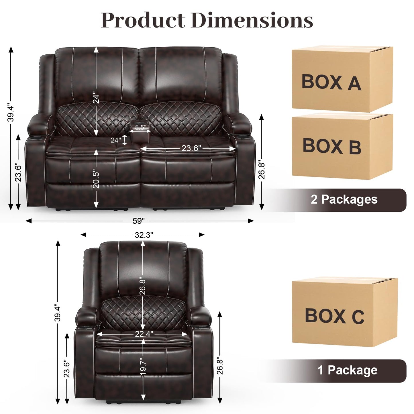 LOBERFVE Recliner Sofa Set with 2-Tier Cushion, 2+1 Pieces in Living Room, 2 Seater Reclining Loveseat Leather with Removable Console, 1 Oversize Recliner Chair Sofa Seat, Brown