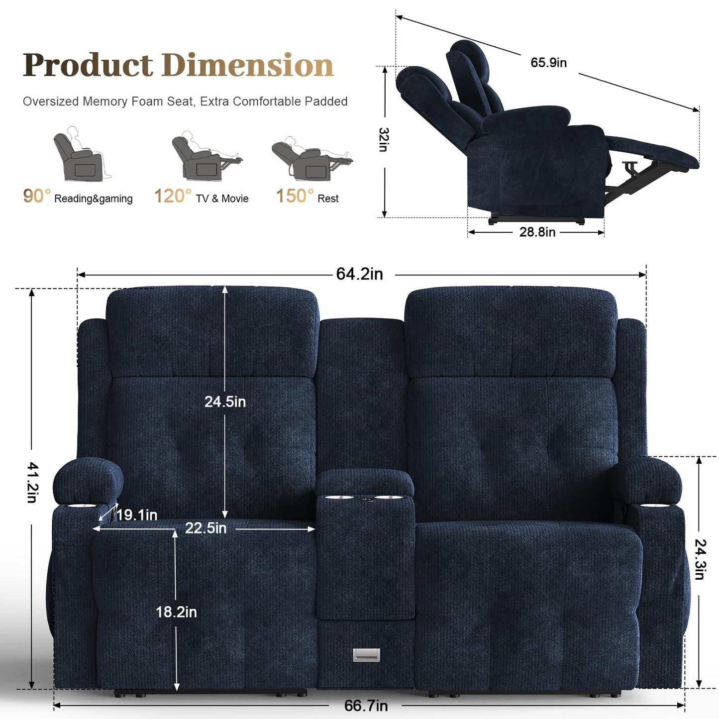 Loberfve Recliner Loveseat, Massage Loveseat Recliner Sofa, Manual Recliners with Console, USB, Type C Port, Storage, Cup Holders, Fluffy Fabric Blue