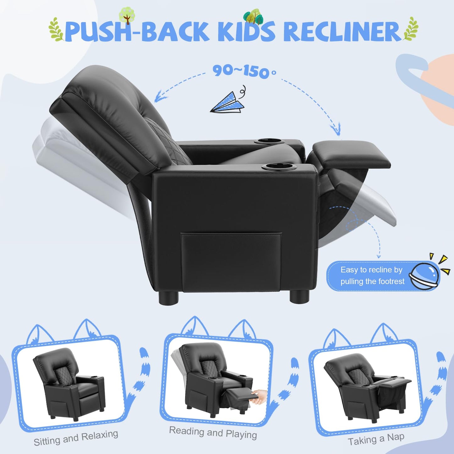 Loberfve Kids Recliner Chair, Leather Push Back Child Recliner Chair with Cup Holders, Side Pockets, Safety Adjustable Footrest Toddler Recliner for Ages 3+, for Girls and Boys, Black