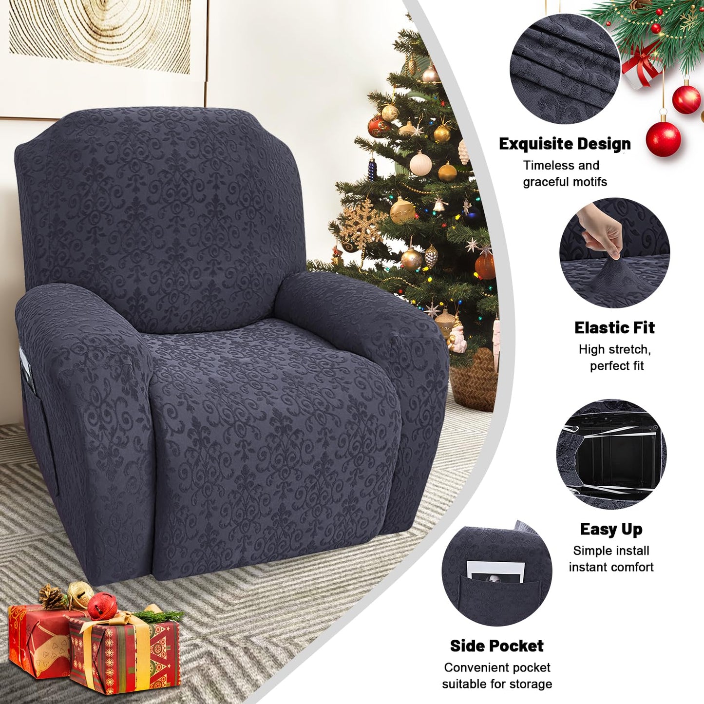 LOBERFVE Recliner Cover, Split Design Stretch Sofa Slipcover 1 Seater Couch Protector Soft Furniture Covers with Elastic Chair Covers Jacquard Pattern, Gray