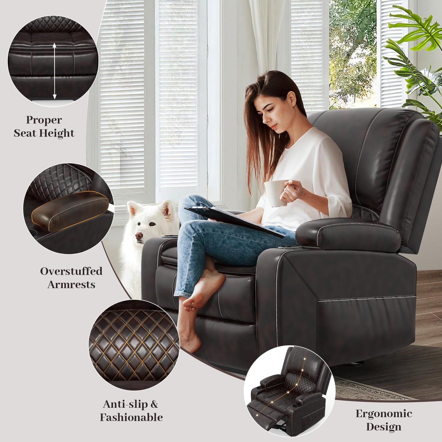 LOBERFVE 3 + 1 Seater Recliner Sofa, Manual Reclining Chair with 2-tier Cushion, Recliners for Living Room with Removable Console, Hidden Storage Space, Cup Holders - Brown