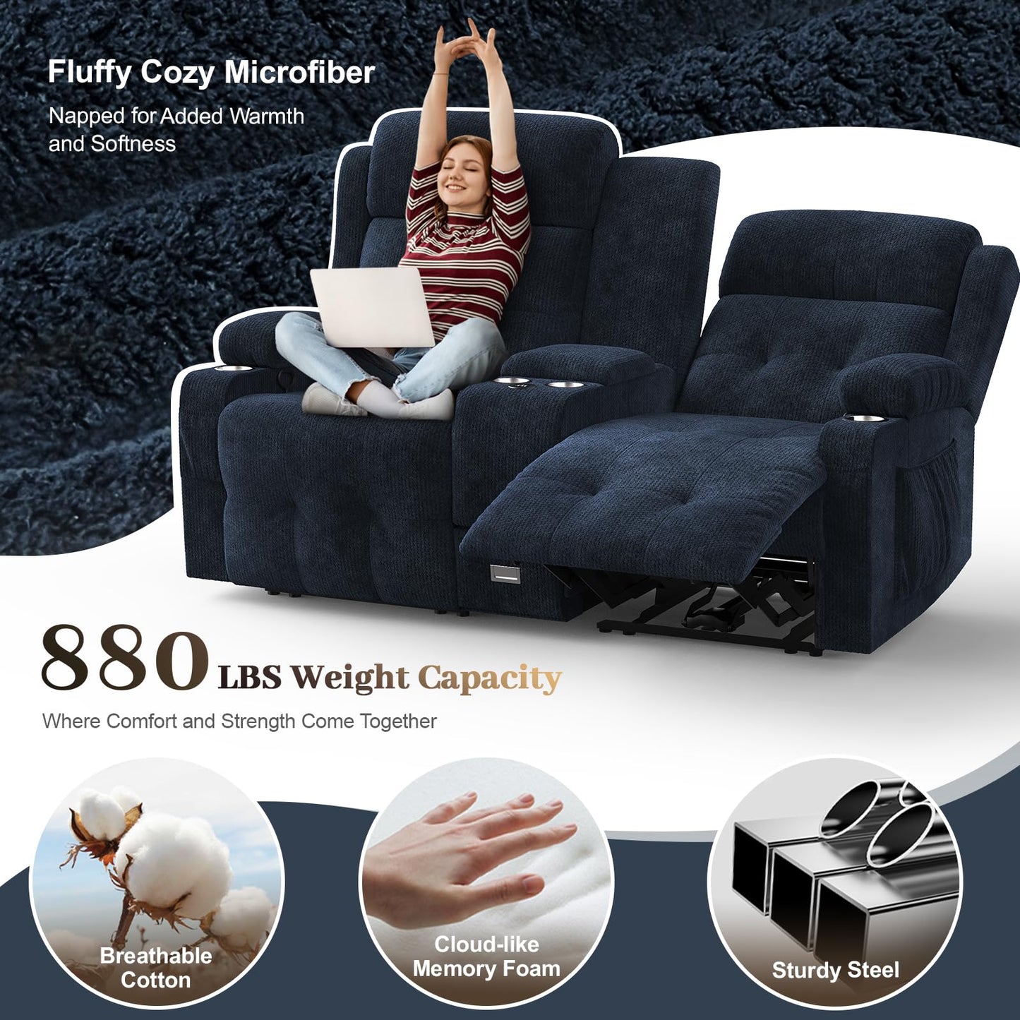 Loberfve Recliner Loveseat, Massage Loveseat Recliner Sofa, Manual Recliners with Console, USB, Type C Port, Storage, Cup Holders, Fluffy Fabric Blue