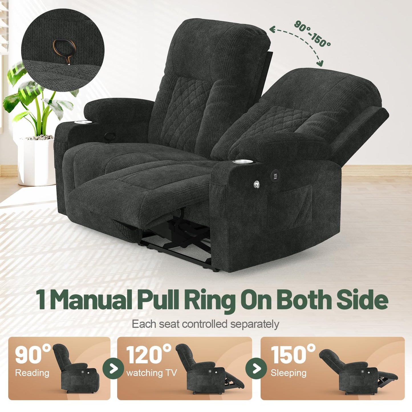 LOBERFVE Recliner Sofa, Double Reclining Loveseat, 2 Seater Sofa Home Theater Seating, Fabric Recliner Sofa Couches with Storage and Cup Holders