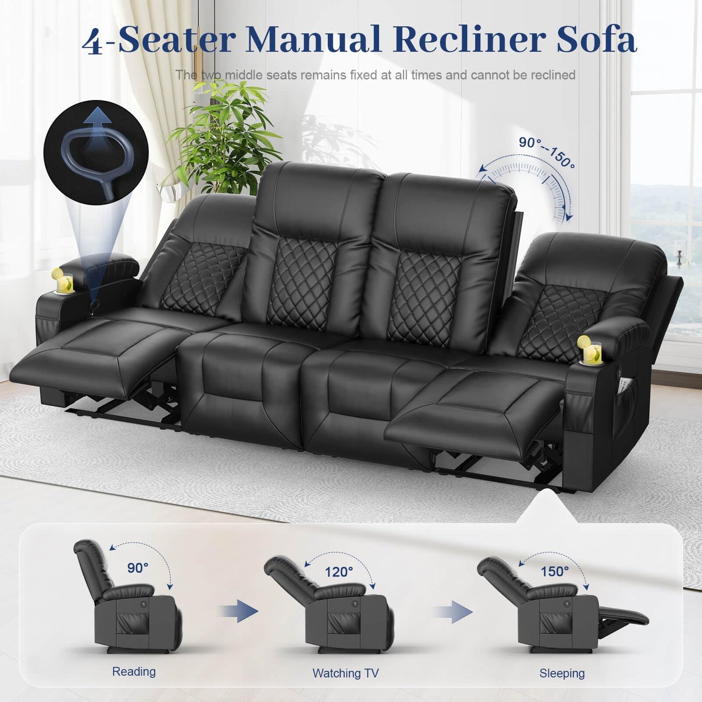 LOBERFVE Recliner Sofa Set with 4+1 Pieces in Living Room, 4 Seater Reclining Sofa, 1 Recliner Chair with 360 Degree Swivel Massage Single Seat