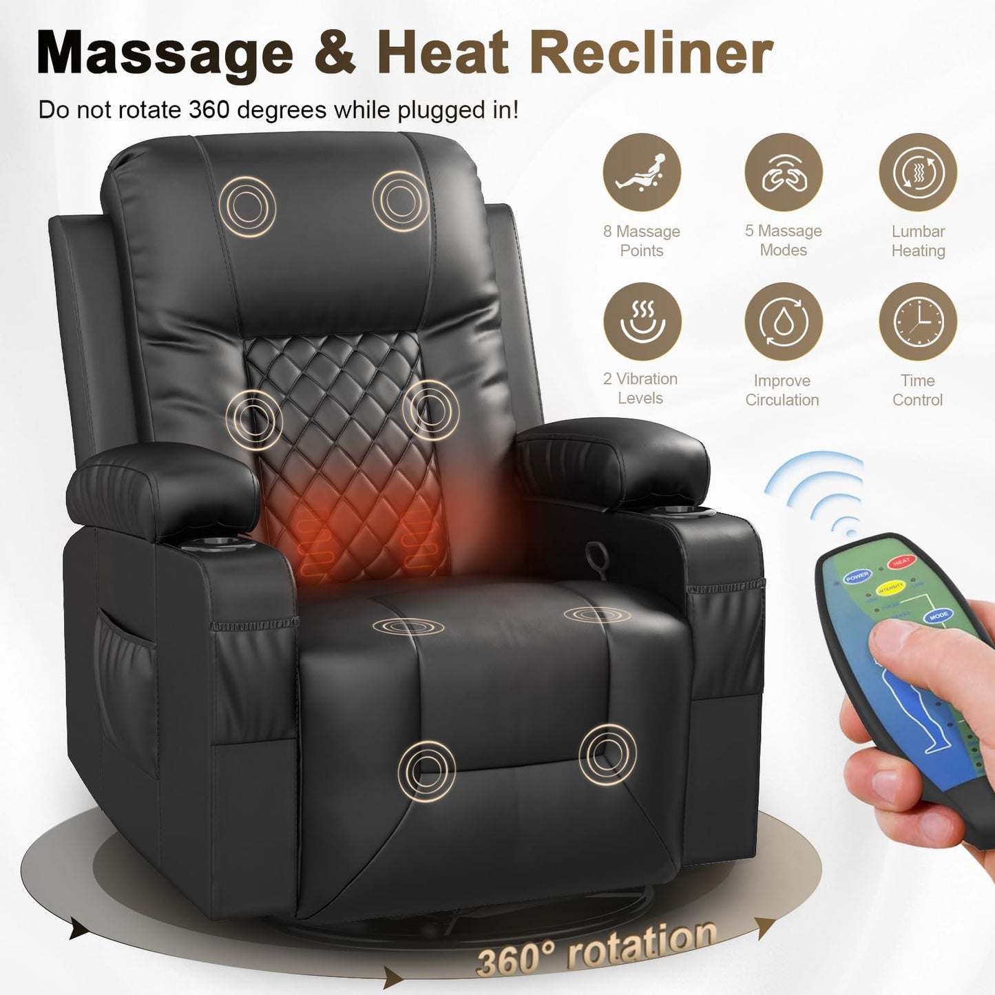 LOBERFVE Recliner Sofa Set, 3 Seat Reclining Sofa, and 2PC 360° Swivel Recliner Chair with Heat and Massage for Aldult (3+1+1), Living Room Furniture